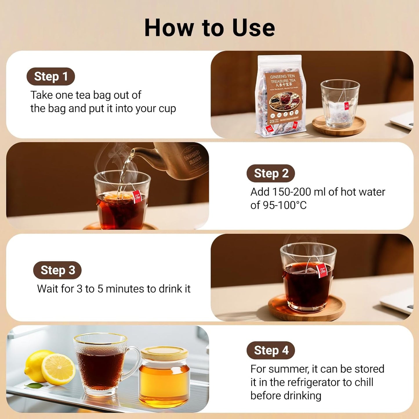 Kidney Tea Formula Ginseng Six Treasure Tea, Ginseng Five Treasure Cleanse Detox Teabag, 10 Precious Ingredients Formula Support Kidney and Live Health for Men Women (25 Bags/1 Pack)