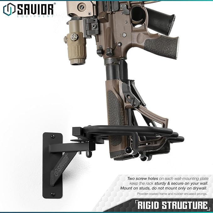 Savior Equipment Wall-Mount Rifle Rack Tactical Shotgun Carbine Firearm Free-Standing Gun Display Indoor Storage Rack - Heavy Duty Steel, Wide Angle Adjustment, 3-Slot Holds up to 75 Lbs