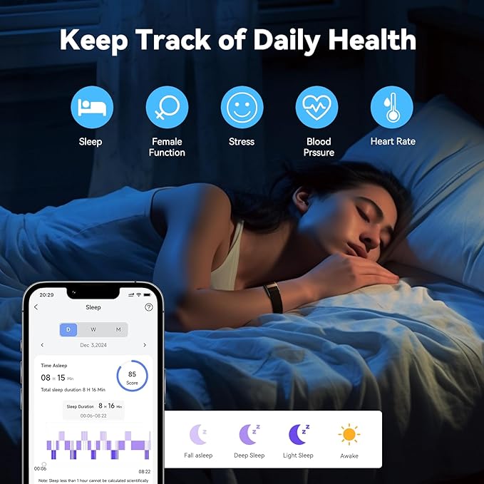 Smart Health Wristband, Health Fitness Tracker Screenless, Wearable Health Multiple Sports Mode, Automatic Monitoring with Pedometer/Sleep/Stress/Calories, IP68 Waterproof Free APP for Women Men Black