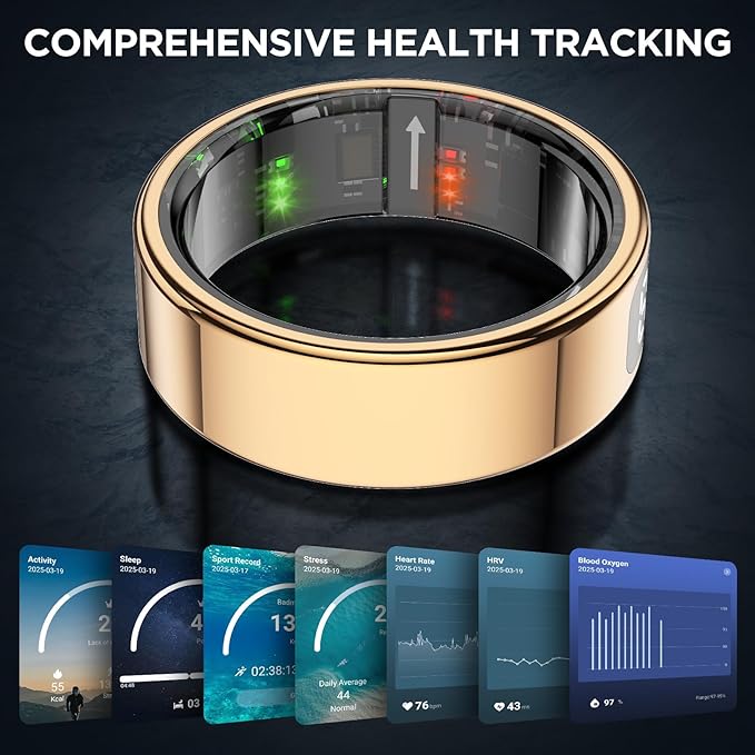 Smart Ring for Women with Display Screen, Sleep Ring for Men with Heart Rate, Fitness Tracker/Step tracker for Activity Monitoring/Steps/Calories,Wireless Charging, for iOS Android (RoseGold,8#)