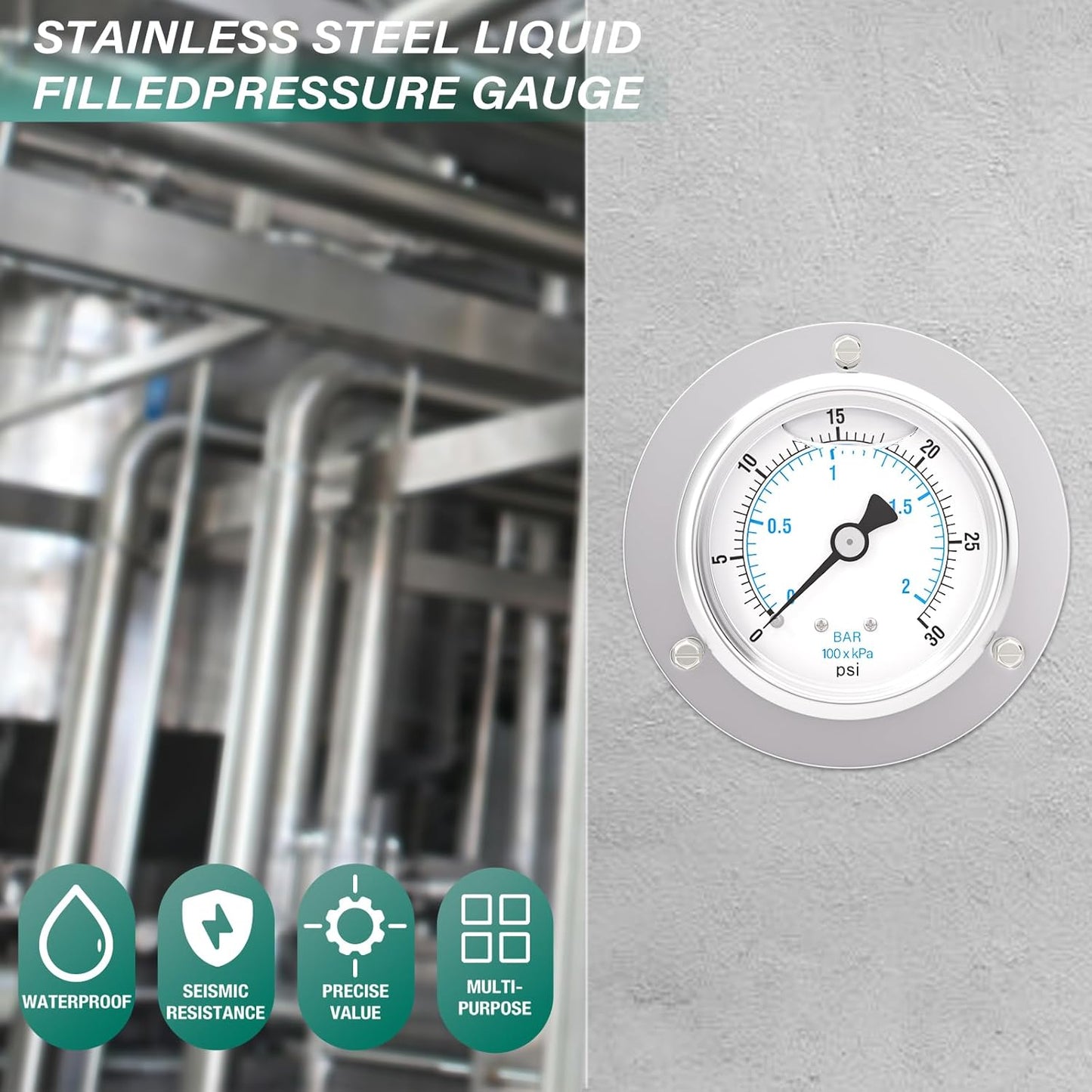 0-30PSI Panel Mount Front Flanged Glycerin Filled Pressure Gauge, 2.5" Dial Size, 1/4" MNPT Back Mount, Stainless Steel Case, with Phillips Screw and Nut, for Water, Gas, Liquid Pressure