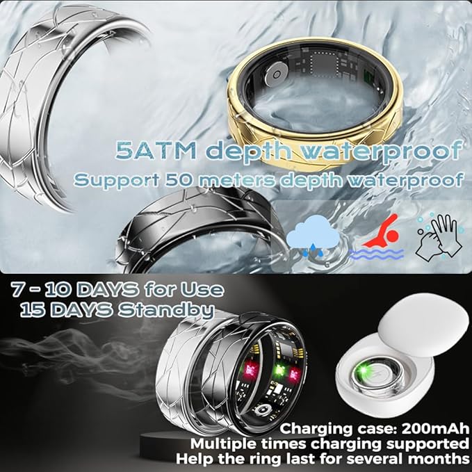 Smart Ring Fitness Tracker Sleep Tracking Heart Rate Monitor Pedometer, Waterproof Activity Tracker Fitness Ring Steps Counter, Gesture Controls for Short Video, 8 Days Battery Life, Silver, #10