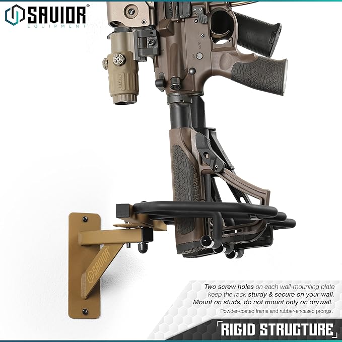 Savior Equipment Wall-Mount Rifle Rack Tactical Shotgun Carbine Firearm Free-Standing Gun Display Indoor Storage Rack - Heavy Duty Steel, Wide Angle Adjustment, 3-Slot Holds up to 75 Lbs