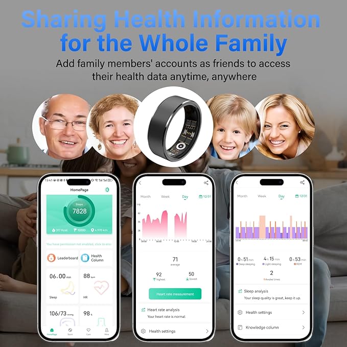 Smart Ring Fitness Tracker Ring for Men Women - Health Heart Rate Ring with Motion Tracking, Sleep Monitor, and Oximetry, No Subscription Fee, Family Care, Remote Photography, IP68 Waterproof(12#)