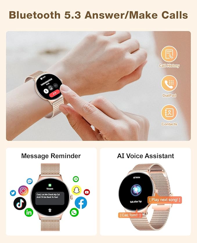 SOUYIE Smart Watches for Women, 1.43" AMOLED Display Fitness Tracker with Bluetooth Make/Answer Call, Heart Rate/SpO2/Sleep Monitor, 100+ Sports Modes, IP67 Waterproof Smartwatch for Android iPhone