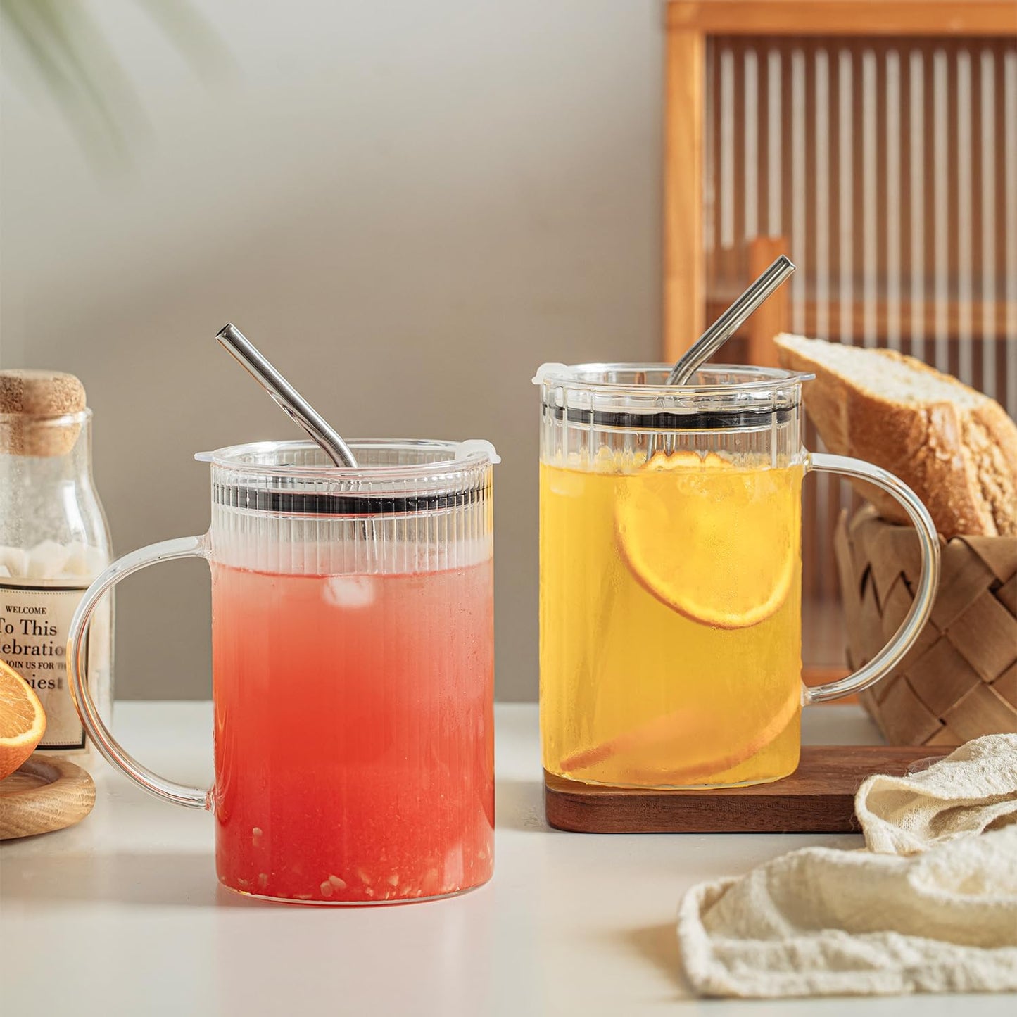 KEMORELA 2 Pack Fine-Ribbed Glass Tumblers with Handle and Lid – 1000ml / 34oz Iced Coffee Cups with Reusable Straws – Large Clear Glass Mugs for Smoothies, Juice & Daily Drinks (2 Pack-Ribbed-Fine)