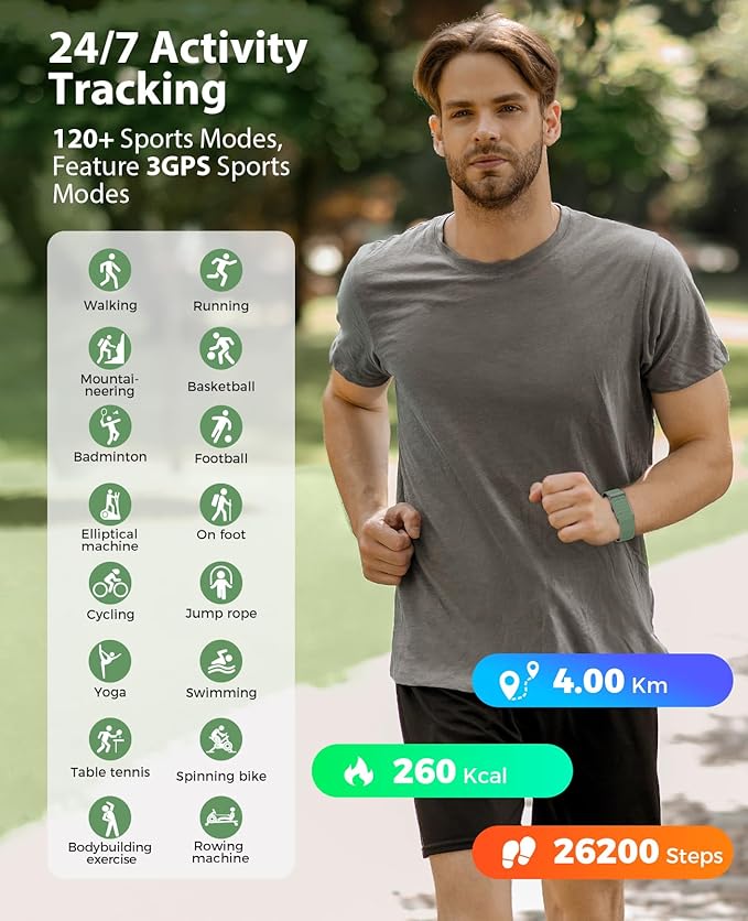 Smart Bracelet, Wearable Activity & Fitness Tracker Band, 24H Sleep Tracker, All-Day Continuous Heart Rate Blood Pressure Stress HRV Monitor, 120+ Sport Modes Smart Wristband with 2 Bands, Free APP