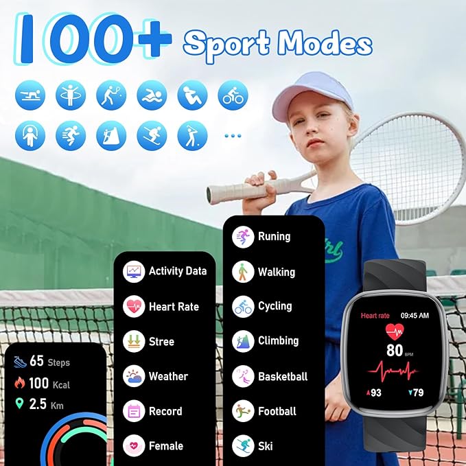 Smart Watch for Kids, Fitness Tracker with Pedometer, 100+ Sport Modes, Heart Rate, Sleep Monitor, Spo2, Calorie Step Counter, Fitness Watch 1.75"HD, Birthday Gifts for Girls Boys Teens 5-16 Black