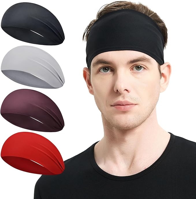 Running Headbands for Men(4 or 6 Pack, Mens Stretchy Headband for Football,Cycling,Basketball,Yoga,Fitness Workout Unisex Quick-Dry Sweatband