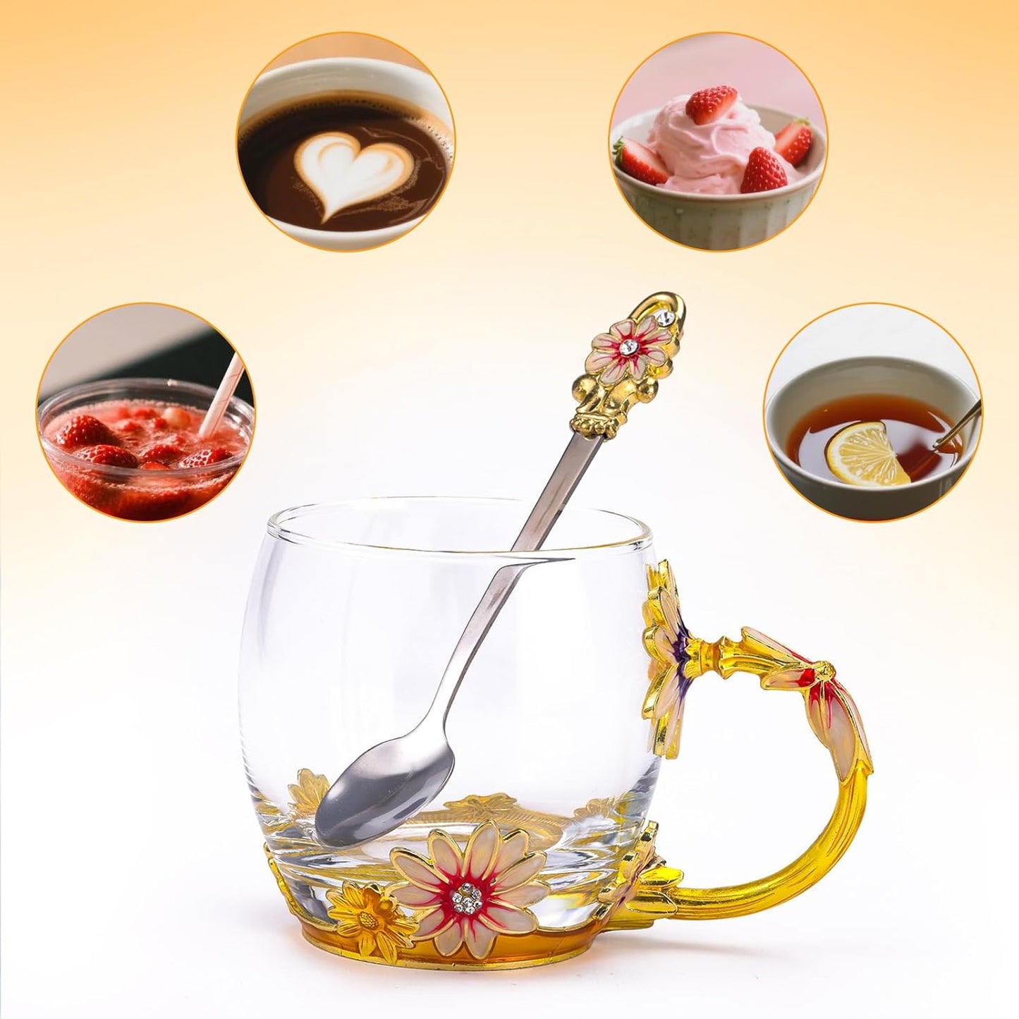 ANLUNOB Preserved Flower Rose in Angle Tea Coffee Mug with Spoon Artisan Enamel Glass Tea Cup Elegant Floral Design Birthday Anniversary Mother Day Valentines Gifts for women mom grandma friends