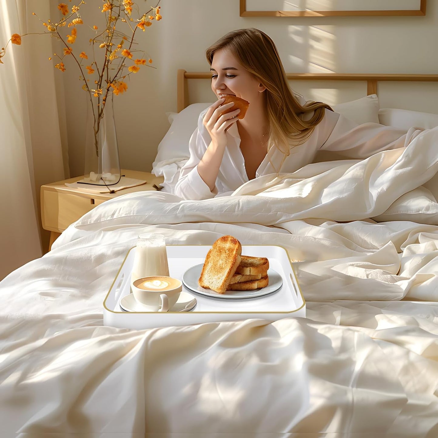 MAONAME 13" White Decorative Tray, Serving Tray with Metal Handles, Square Plastic Trays for Ottoman, Modern Coffee Table Trays for Living Room, Bathroom