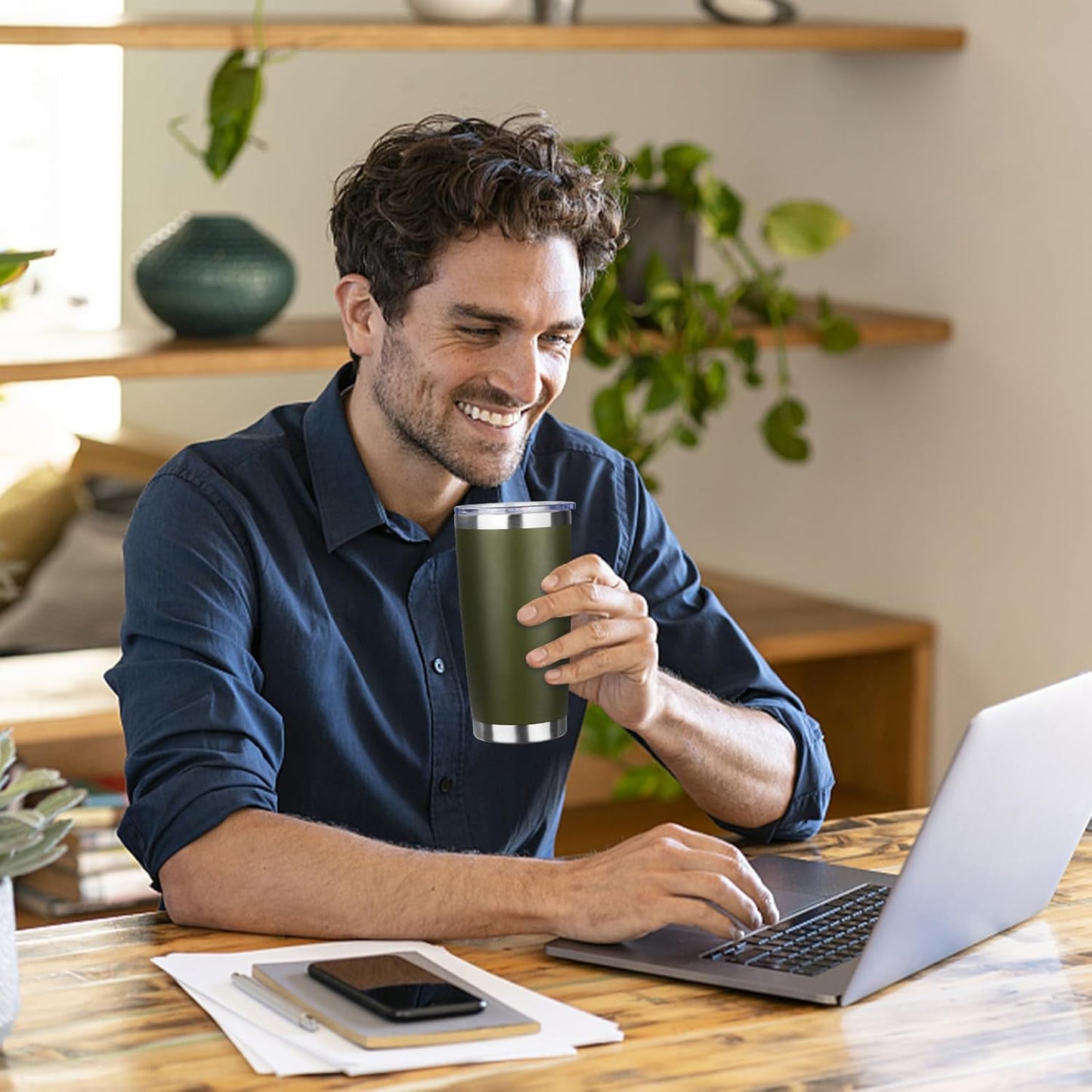 20oz Tumbler Bulk with Lid and Straw, Stainless Steel Double Wall Vacuum Insulated Travel Mug, Powder Coated Coffee Cups for Hot and Cold Drinks,Funny Gifts for Women Men(Navy Green,6)