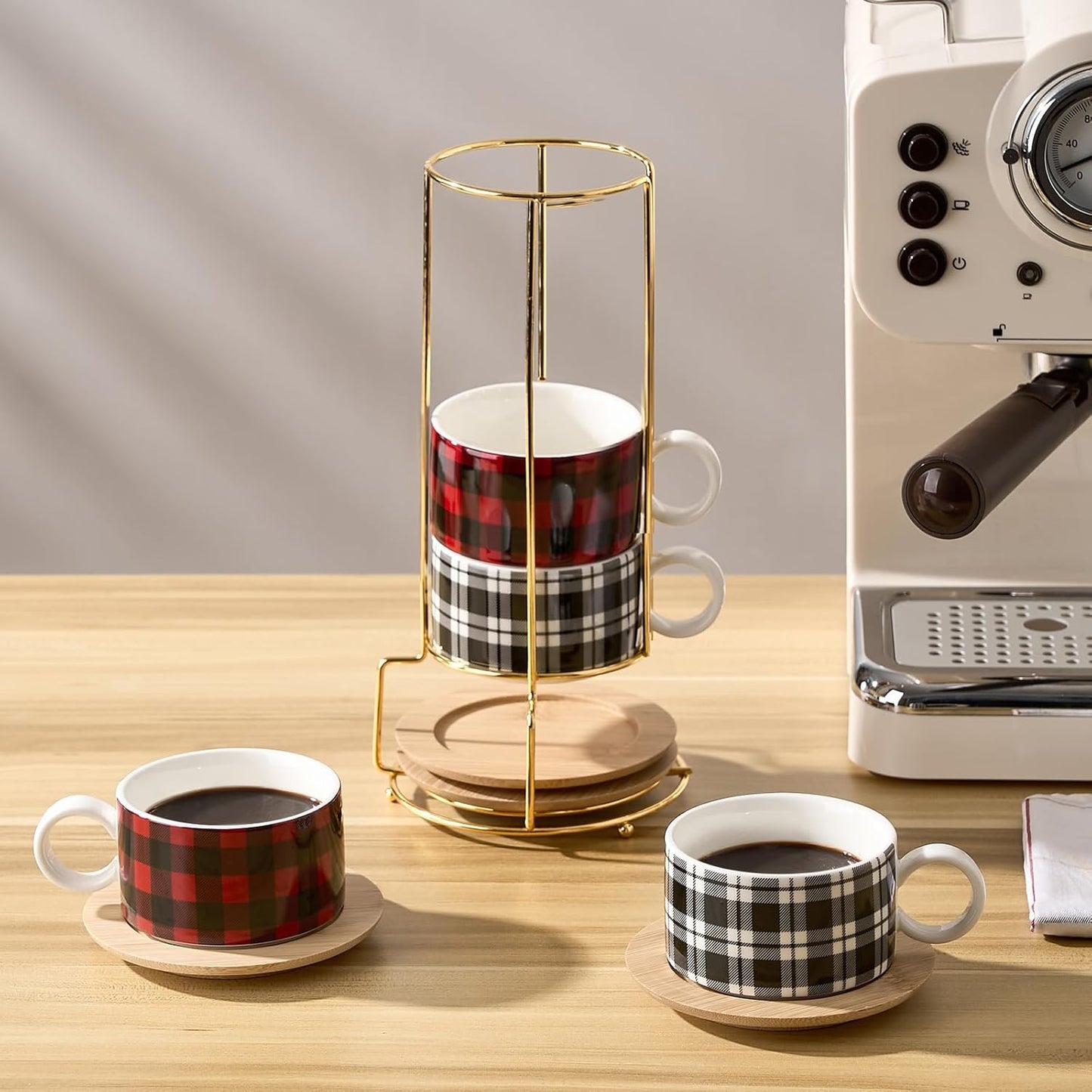 LUKA Porcelain Espresso Cup with Metal Stand,6 Ounce Stackable Ceramic Demitasse Espresso Mugs Cappuccino Cups Set for Latte,Coffee,Cafe Mocha,Tea - Set of 4 (Plaid Red & Gray)