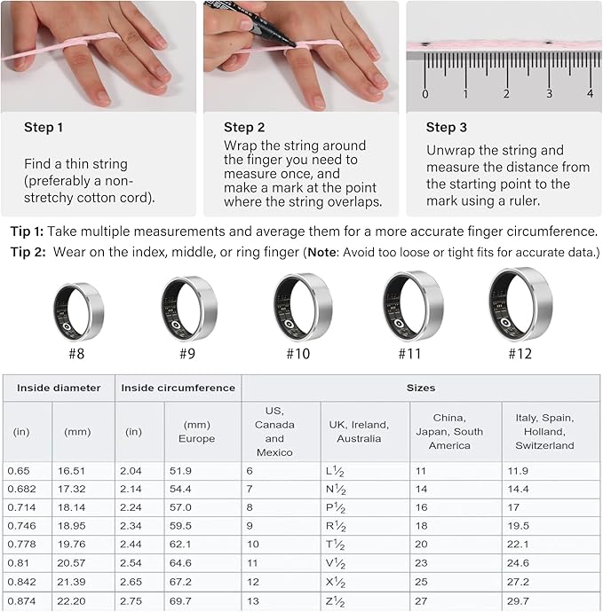 Smart Ring Fitness Tracker Ring for Men Women - Health Heart Rate Ring with Motion Tracking, Sleep Monitor, and Oximetry, No Subscription Fee, Family Care, Remote Photography, IP68 Waterproof(12#)