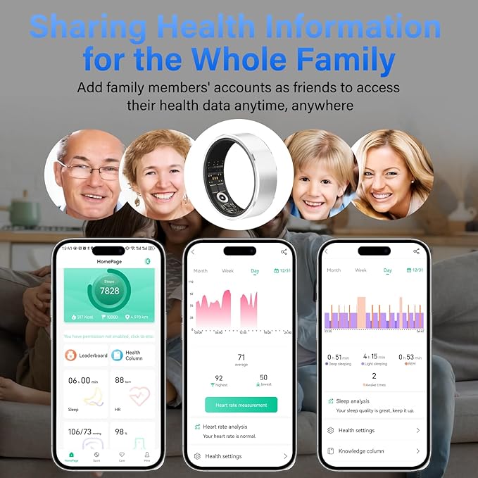 Smart Ring Fitness Tracker Ring for Men Women - Health Heart Rate Ring with Motion Tracking, Sleep Monitor, and Oximetry, No Subscription Fee, Family Care, Remote Photography, IP68 Waterproof(12#)