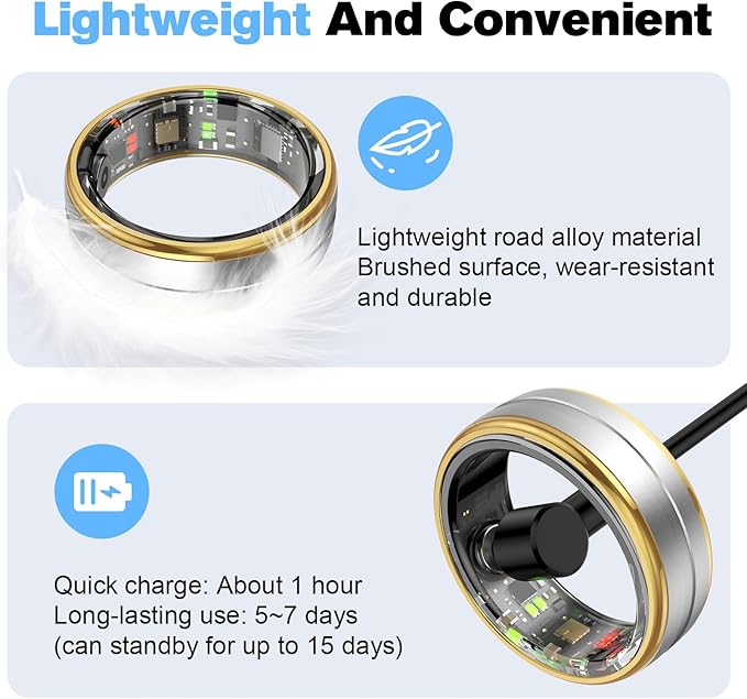 Smart Ring Health Tracker for Men/Women,Fitness Ring Sleep Tracker,Fast Charging for Long-Lasting Use,for Pedometer Exercise,Monitor Sleep, Heart Rate, Stress,Waterproof (Silver, 12)