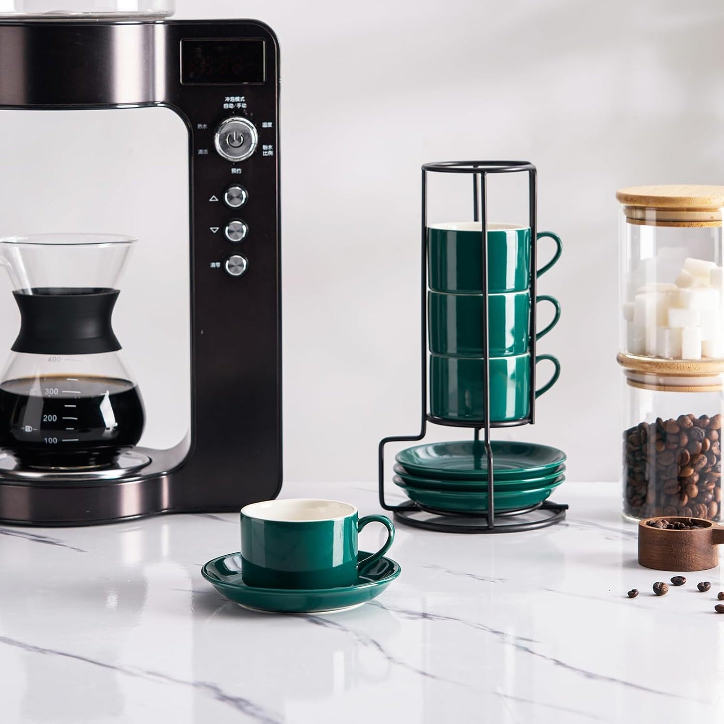 4oz Porcelain Stackable Espresso Cups with Saucers and Metal Stand Set of 4, Stackable Cappuccino Cups, Green Expresso Shots Cup Set for Coffee Drinks, Latte, Americano, Tea