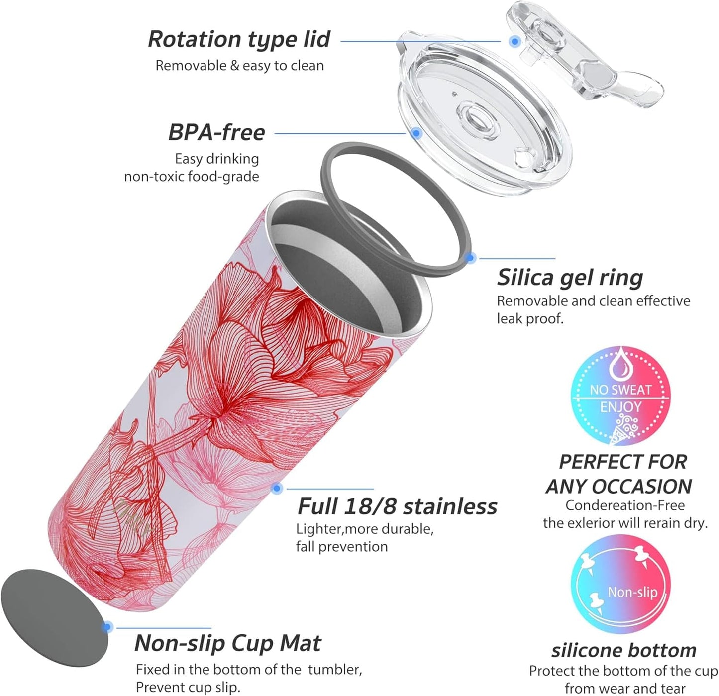 THILY Stainless Steel Vacuum Insulated Tumbler 26 oz Triple-Insulated Travel Mug with Splash-Proof Lid, for Iced Coffee and Hot Beverage, Iridaceae + Red Lotus
