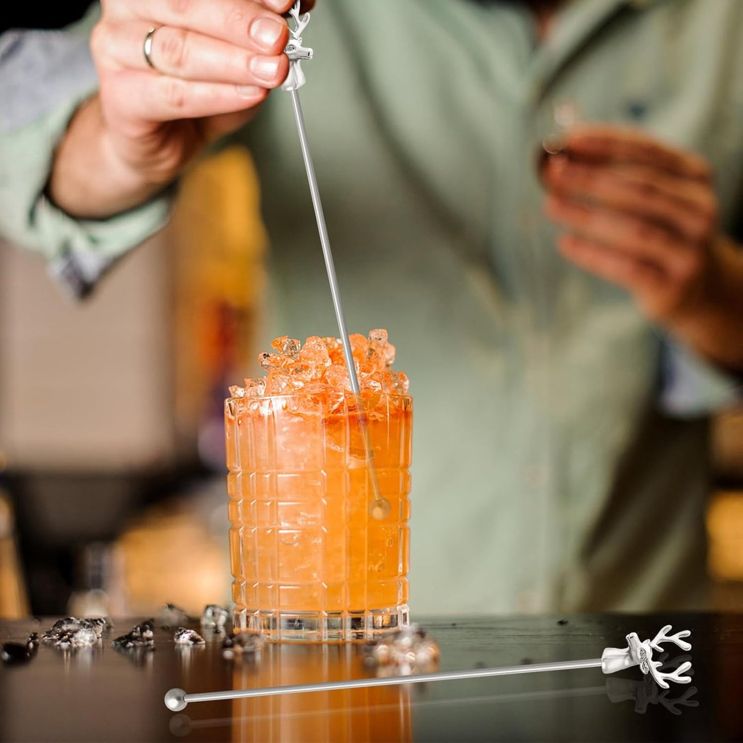 Swizzle Sticks,5 Pcs Stainless Steel Reusable Deer Head Shape Cocktail Stirrer Coffee Beverage Stir Sticks for Cocktail, Whiskey, Hot Cocoa, Creamer (Silver)