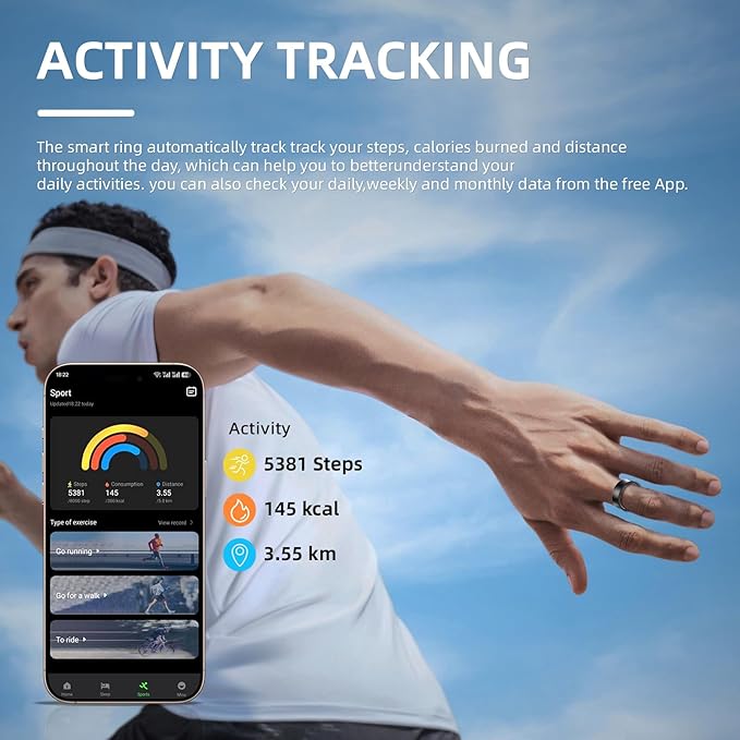 AI Smart Ring, Fitness Tracker with Heart Rate, Blood Pressure, Sleep Tracking, Step Tracking, 10ATM, Waterproof Smart Ring for iPhone and Android (Matte Black, 11)