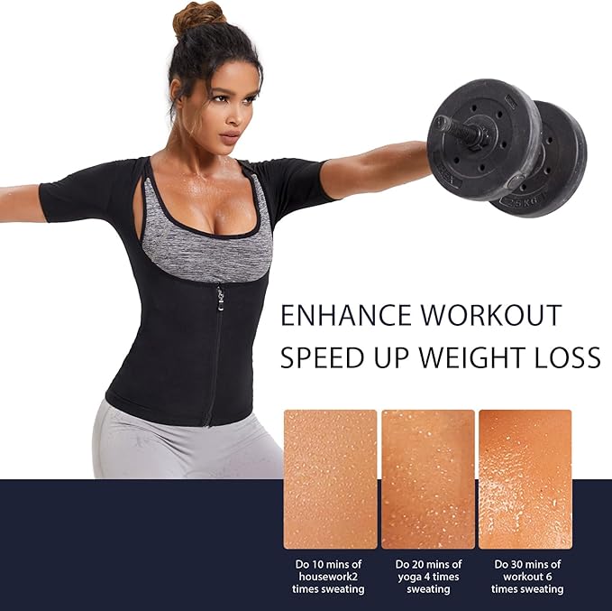 Sauna Suit Shirt for Women Sweat Jacket Hot Waist Trainer Zipper Short Sleeve Workout Vest Tank Top Body Shaper