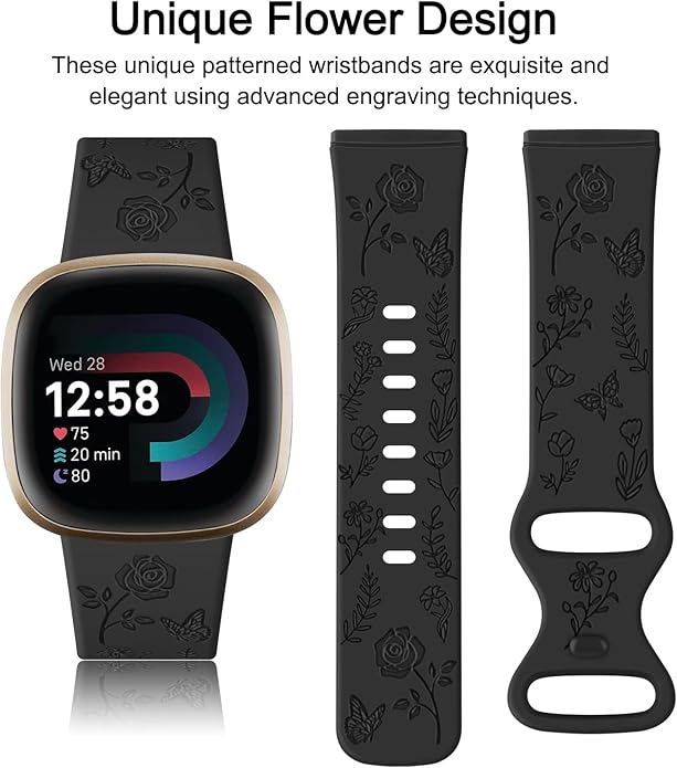 AK Floral Engraved Band Compatible with Fitbit Sense 2 / Sense Bands/Fitbit Versa 4 / Versa 3 Bands Women Men, Soft Sport Replacement Wristbands for Fitbit Sense 2 / Sense/Versa 4 / Versa 3 Smart Watch