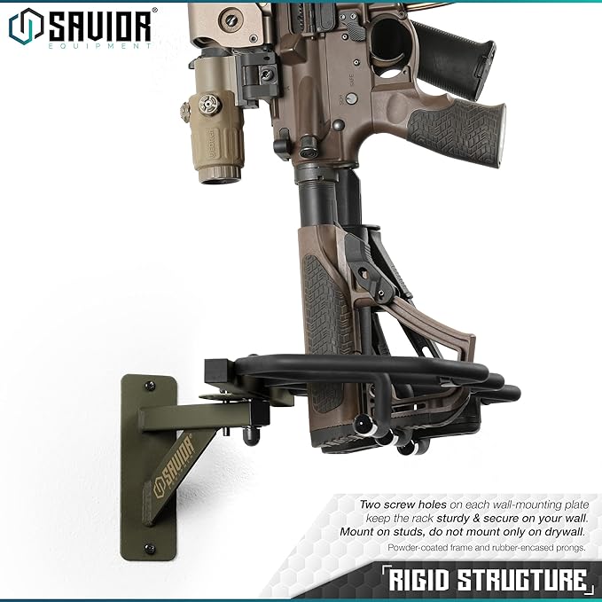 Savior Equipment Wall-Mount Rifle Rack Tactical Shotgun Carbine Firearm Free-Standing Gun Display Indoor Storage Rack - Heavy Duty Steel, Wide Angle Adjustment, 3-Slot Holds up to 75 Lbs