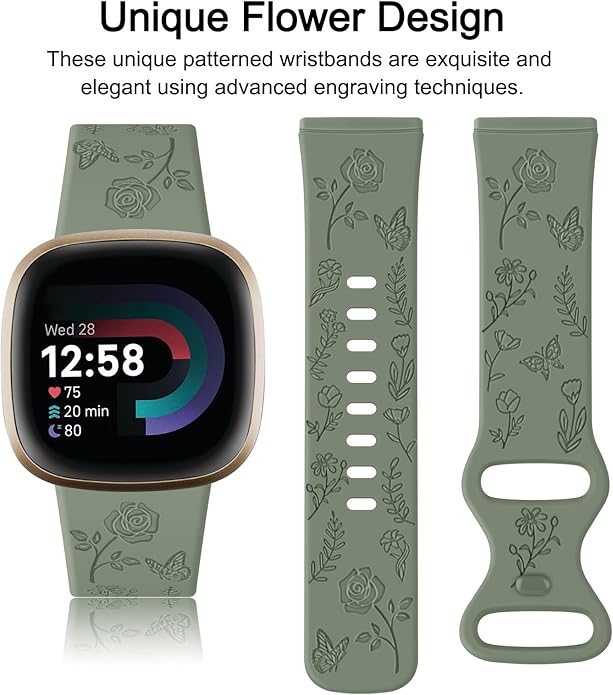 AK Floral Engraved Band Compatible with Fitbit Sense 2 / Sense Bands/Fitbit Versa 4 / Versa 3 Bands Women Men, Soft Sport Replacement Wristbands for Fitbit Sense 2 / Sense/Versa 4 / Versa 3 Smart Watch