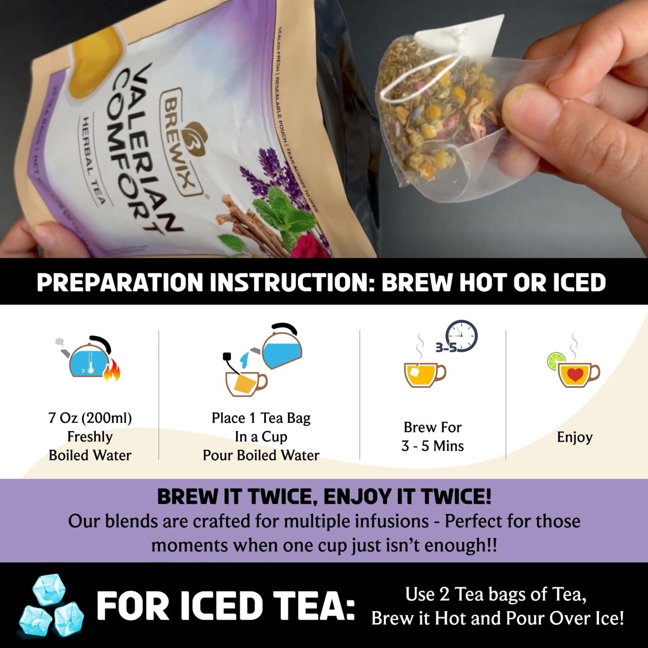 BREWIX, Valerian Comfort Tea for Sleep and Relaxation (25 Pyramid Bags) Caffeine-Free and Calming for Bedtime | Valerian Root, Chamomile & Lavender | Perfect Wellness Sleep