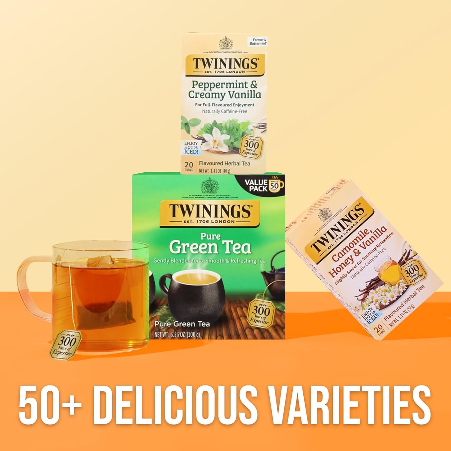 Twinings Peppermint & Creamy Vanilla Herbal Tea Individually Wrapped Bags, 20 Count (Pack of 6), Formerly Buttermint, Naturally Caffeine-Free, Enjoy Hot or Iced, 120 Teabags
