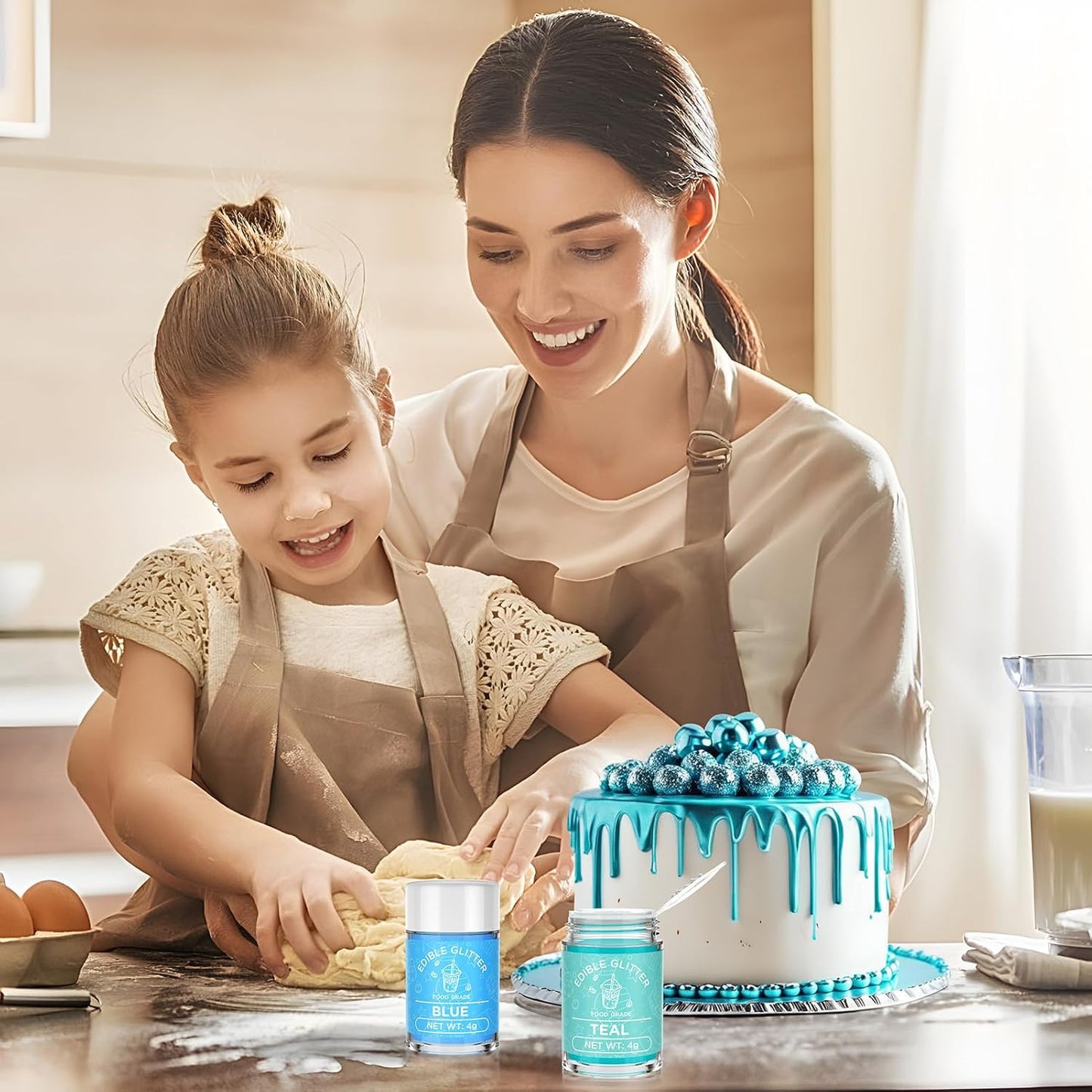 Cherrysea Edible Glitter for Drinks Cocktails Food Grade Edible Drink Shimmer Powder for DIY Champagne Beverages Wine 2 Colors Vegan Edible Luster Dust Set 4g/Bottle Gluten Free - Teal+Blue