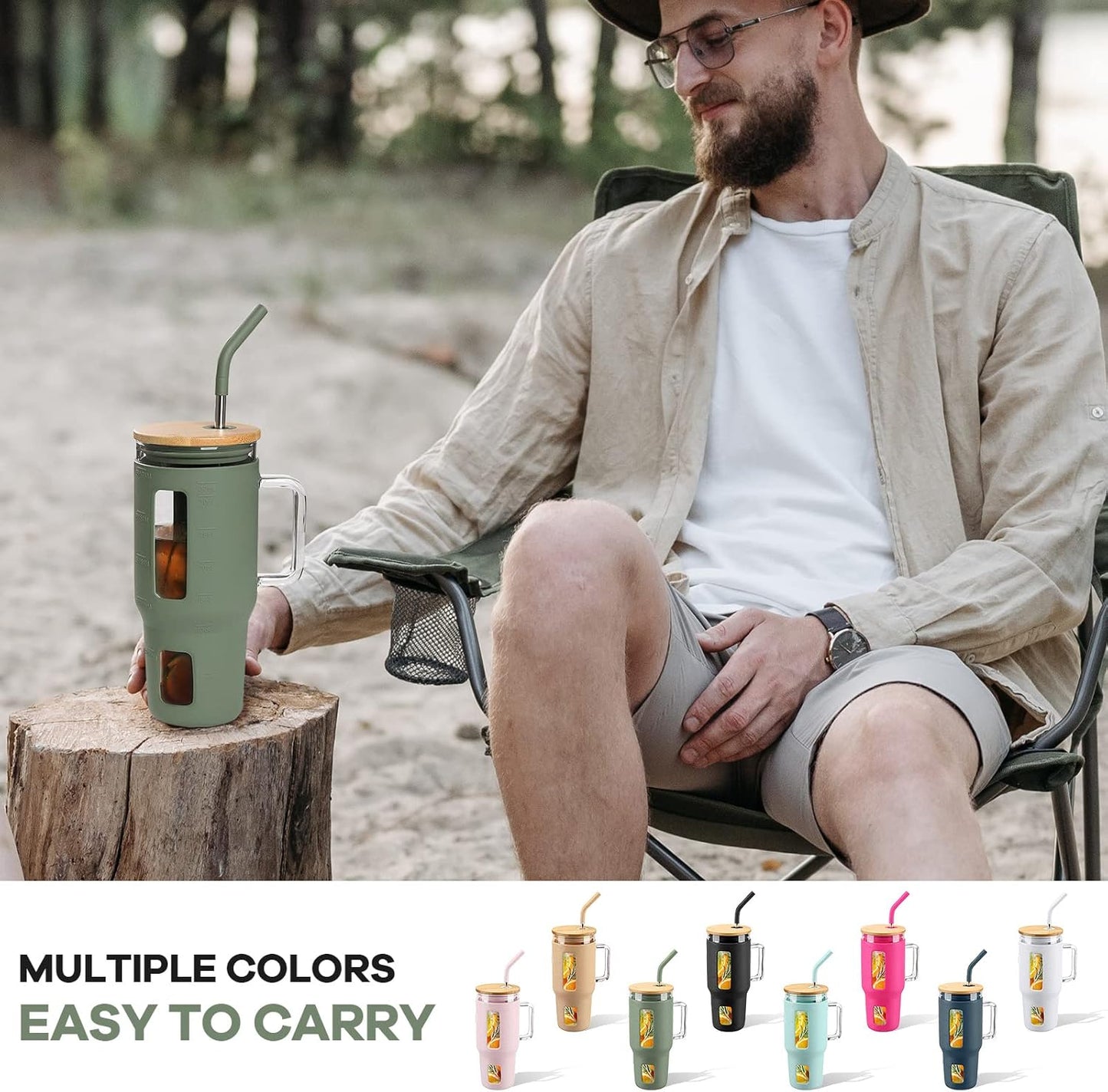 Kodrine Glass Tumbler with Straw and Lid-32oz Glass Tumbler with Handle and Bamboo Lid, Iced Coffee Cup For Smoothie, Water Cups with Time Marker Fits in Cup Holder, Olive