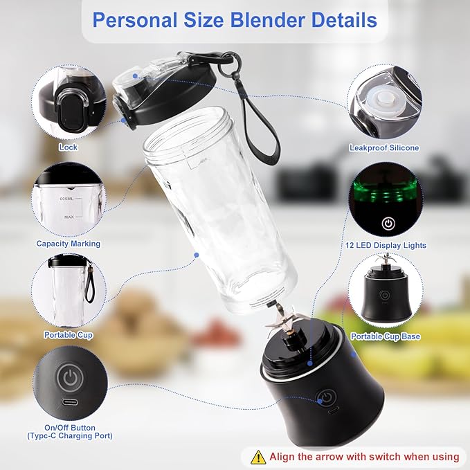Small Personal Portable Blender for Smoothies and Protein Shakes, Smoothie Blender for Kitchen with 600ml Mixer Bottle Shaker for Home Gym, Kitchen Gadgets Juicer Machines for Fruit and Vegetable