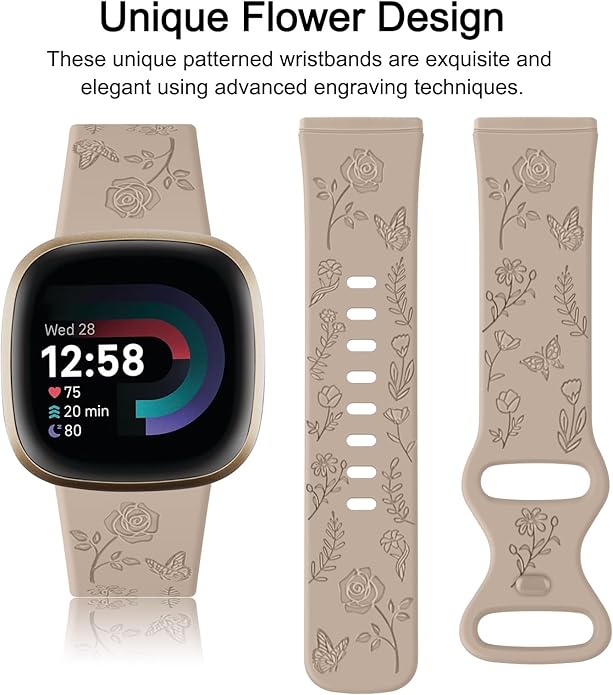 AK Floral Engraved Band Compatible with Fitbit Sense 2 / Sense Bands/Fitbit Versa 4 / Versa 3 Bands Women Men, Soft Sport Replacement Wristbands for Fitbit Sense 2 / Sense/Versa 4 / Versa 3 Smart Watch