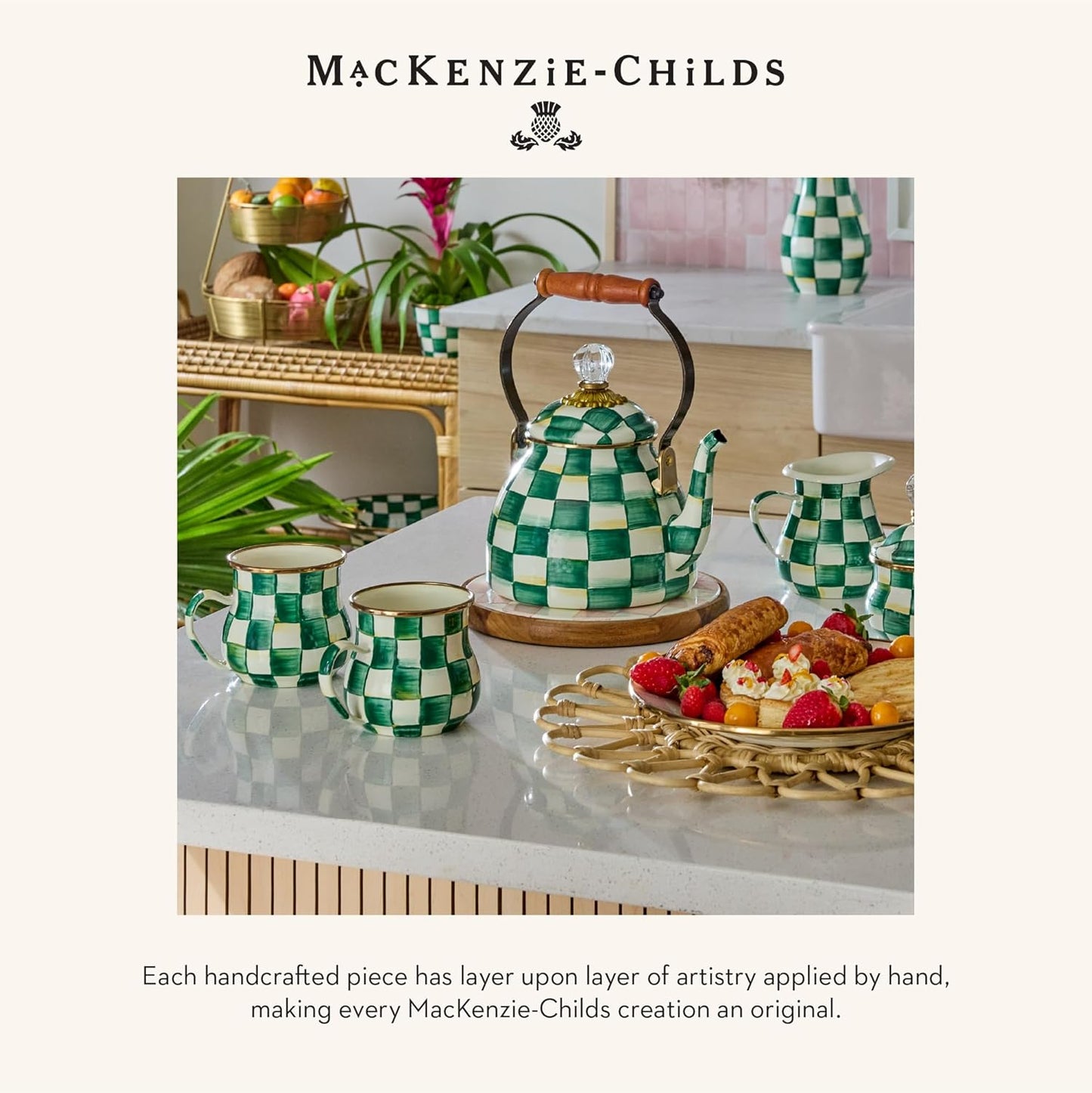 MACKENZIE-CHILDS Enamel Tea Kettle, Stylish Tea Kettle for Stovetop, Green-and-White Emerald Check, 2 Quarts