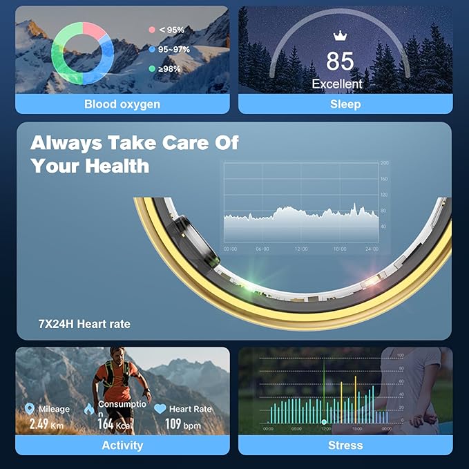 Smart Ring Health Tracker for Men/Women,Fitness Ring Sleep Tracker,Fast Charging for Long-Lasting Use,for Pedometer Exercise,Monitor Sleep, Heart Rate, Stress,Waterproof (Gold, 12)