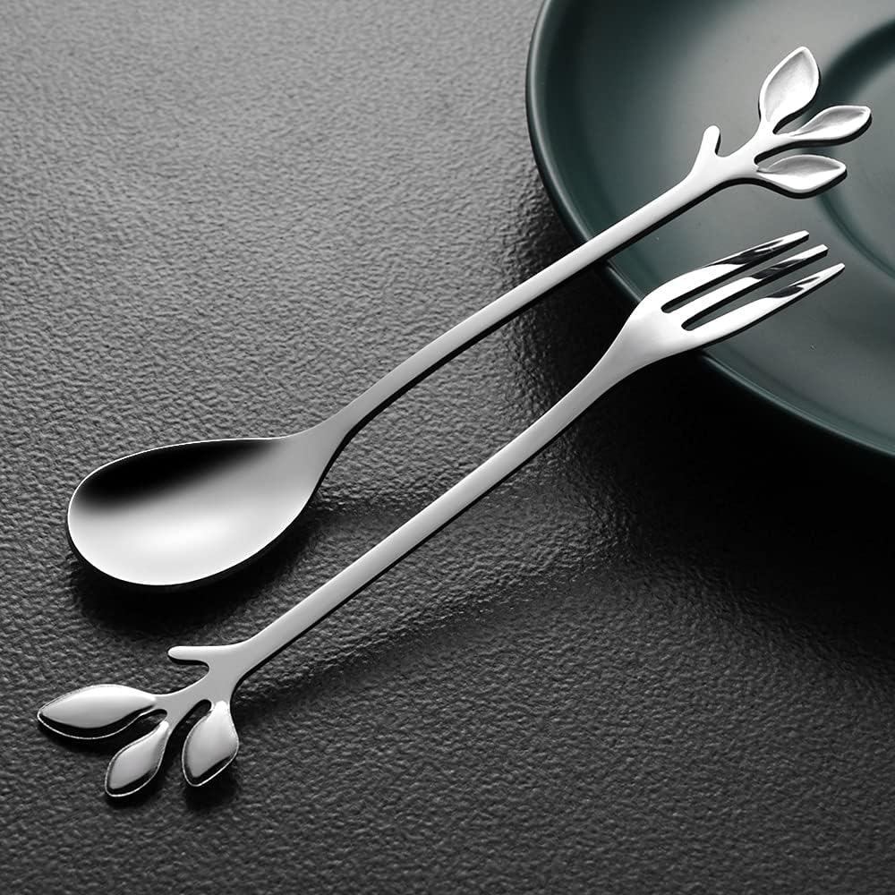 AnSaw Elegant Silver Leaf Coffee Spoons - 10-Piece, 4.7" Mini Stainless Steel Espresso & Dessert Tea Spoons, Perfect for Demitasse & Small Servings