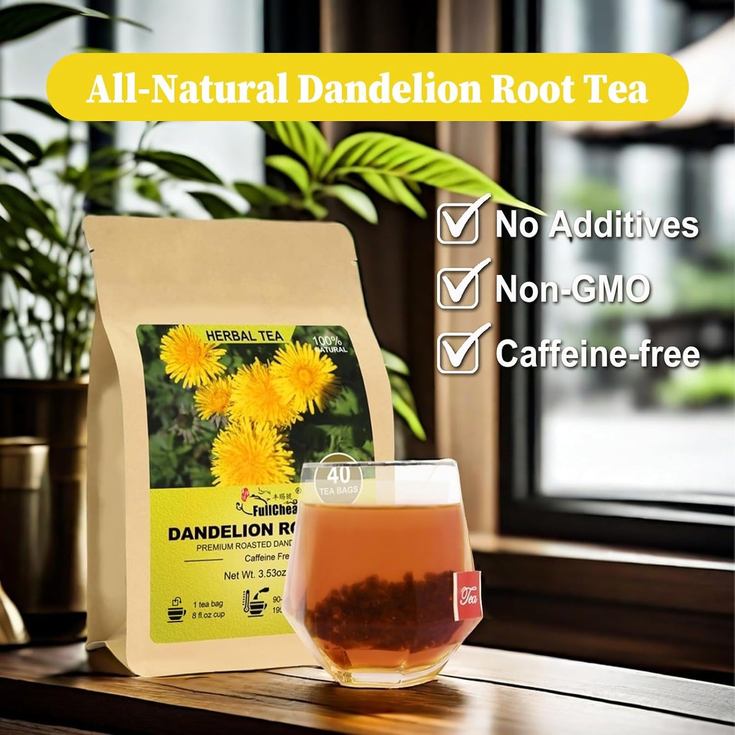 FullChea - Dandelion Root Tea Bags, 40 Teabags, 2.5g/bag - Premium Roasted Dandelion Root - Non-GMO - Caffeine-free - Detox Herbal Tea - Helps Improve Digestion & Immune System