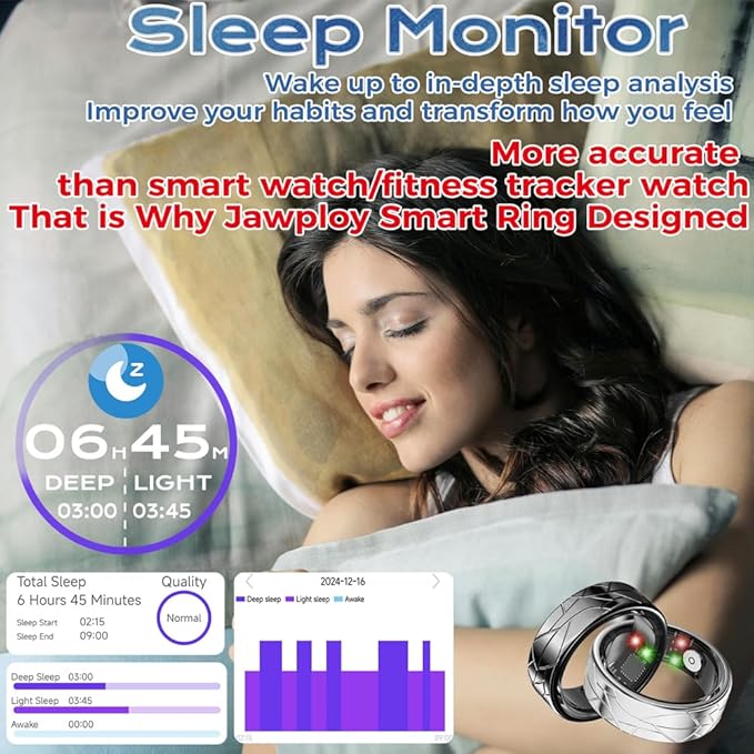 Smart Ring Fitness Tracker Sleep Tracking Heart Rate Monitor Pedometer, Waterproof Activity Tracker Fitness Ring Steps Counter, Gesture Controls for Short Video, 8 Days Battery Life, Black, #8