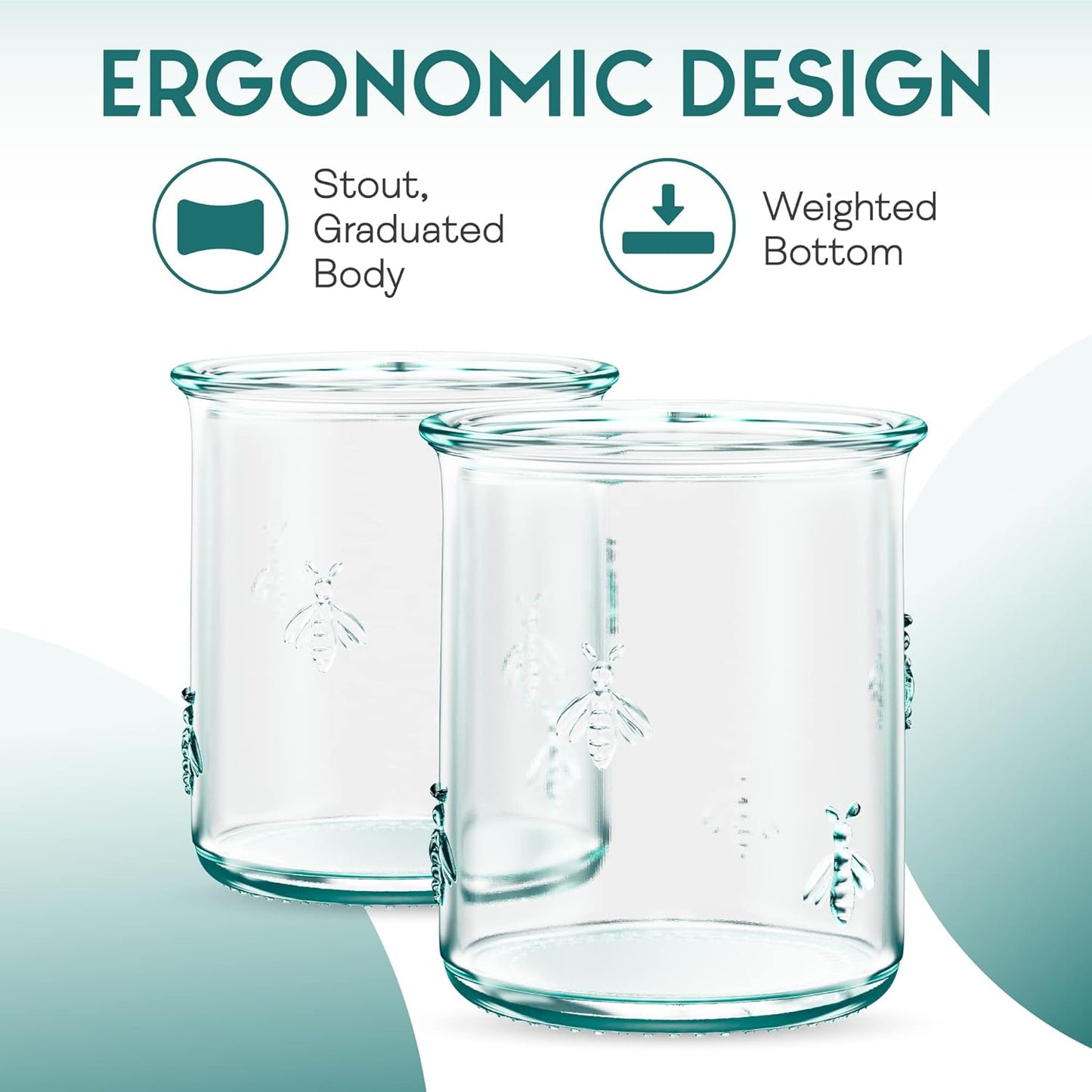 Amici Home Regina DOF Glass | 12 Oz | Italian Made, Recycled Green Glass | Drinking Glass with Embossed Bee Design for Water, Juice, Iced Tea, Cocktails (Set of 6)