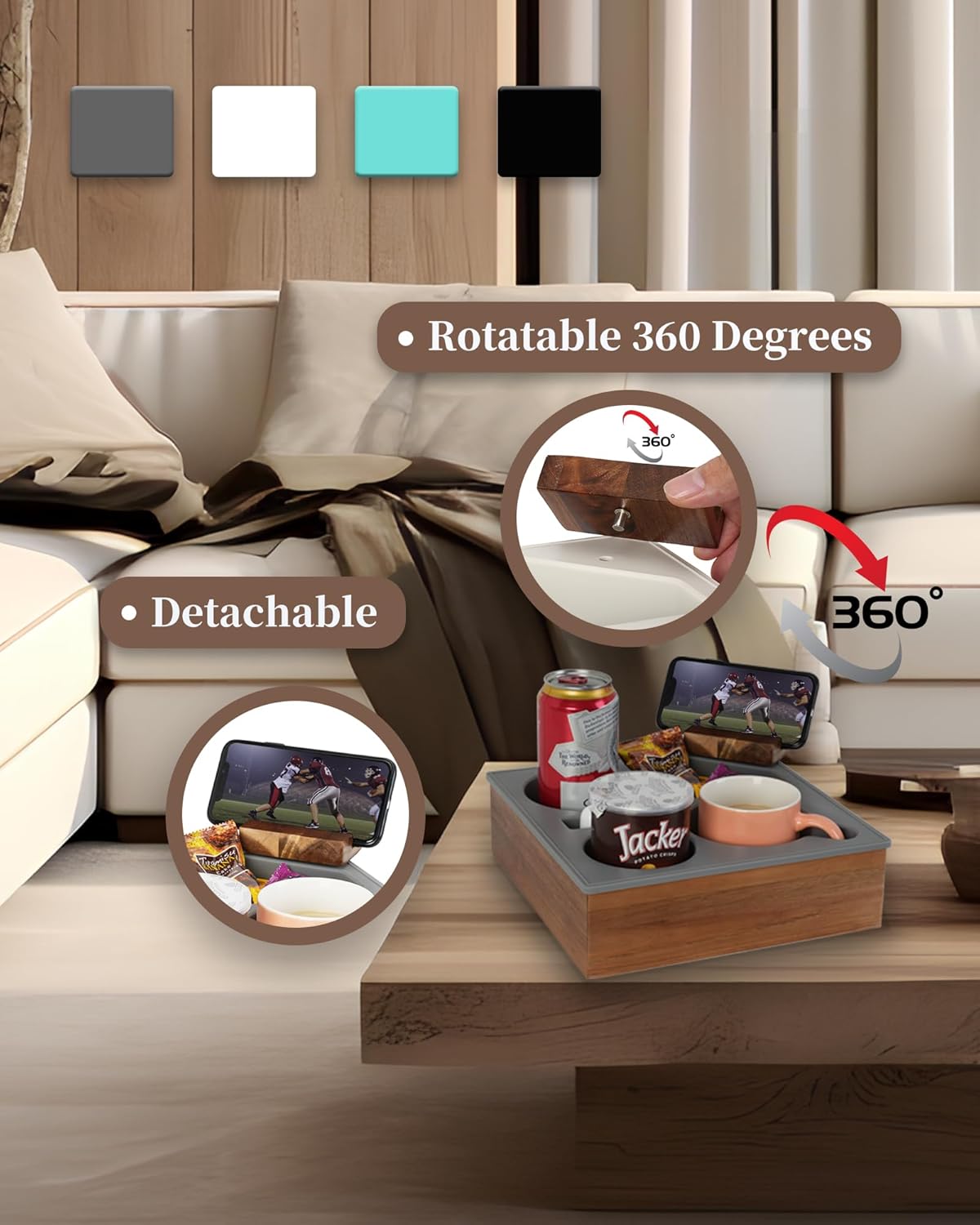 Couch Cup Holder Tray, Soft Food Grade Silicone Acacia Wooden Couch Caddy for Bed Car Seat Beach Organizer, Waterproof Anti-Spill Couch Drink Holder for Snacks Beverage Remote (Black)