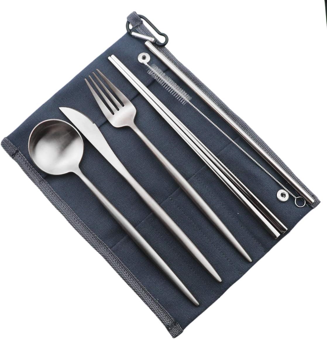 Gugrida Reusable Travel Utensils, 7 Pieces Portable 18/10 Stainless Steel include Knife Fork Spoon Chopsticks Cleaning Brush Straws Portable Pouch, Eco-friendly Camping Silverware Set, Dishwasher Safe