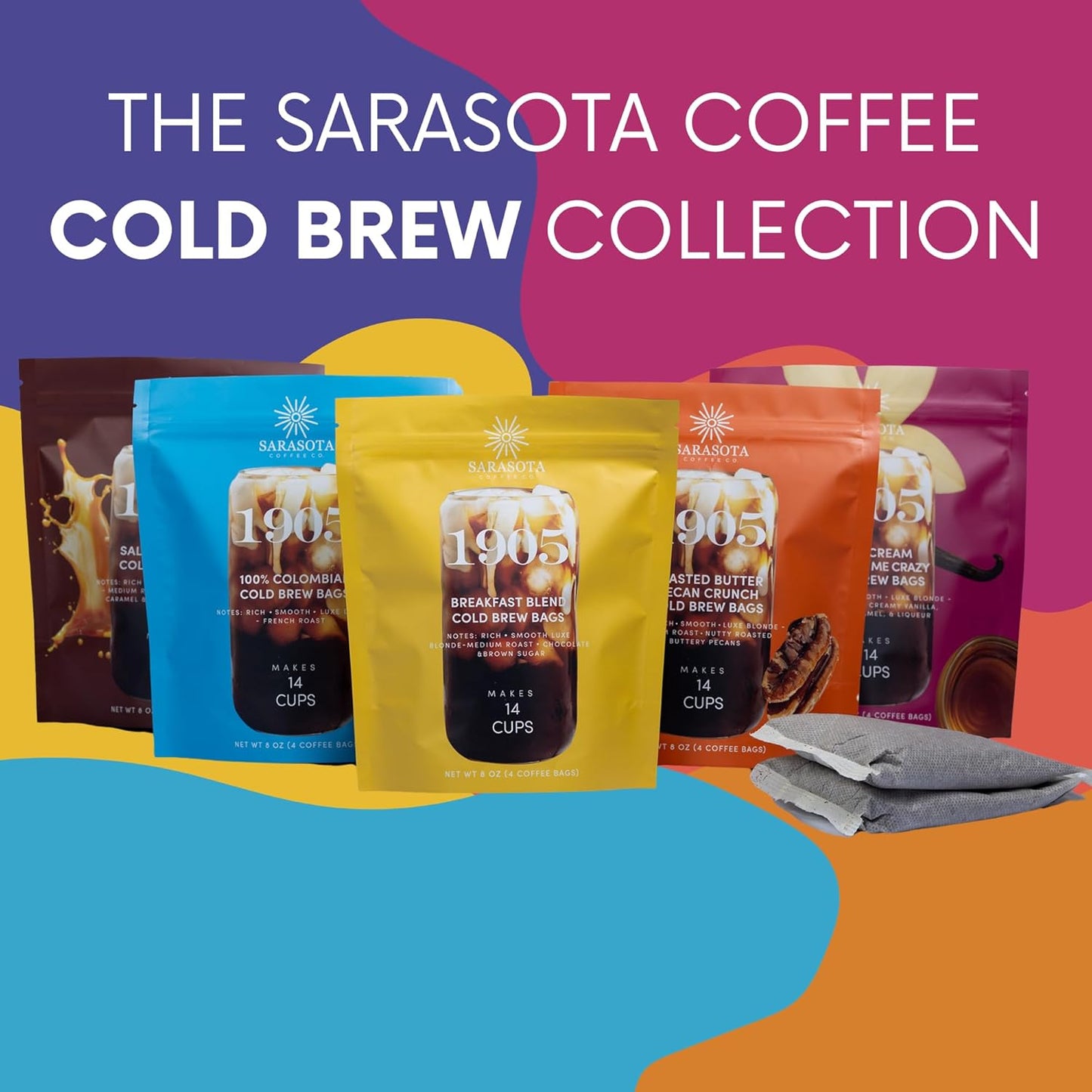 Sarasota Coffee 1905 Cold Brew Coffee Bags | Sweet Cream Jamaican Me Crazy | Blonde-Medium Roast | Smooth & Low Acid | Ground Filter Packs | Cold Brew Kit Makes 14 Cups | Creamy Vanilla & Caramel Notes