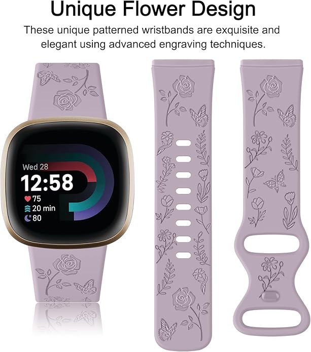 AK Floral Engraved Band Compatible with Fitbit Sense 2 / Sense Bands/Fitbit Versa 4 / Versa 3 Bands Women Men, Soft Sport Replacement Wristbands for Fitbit Sense 2 / Sense/Versa 4 / Versa 3 Smart Watch