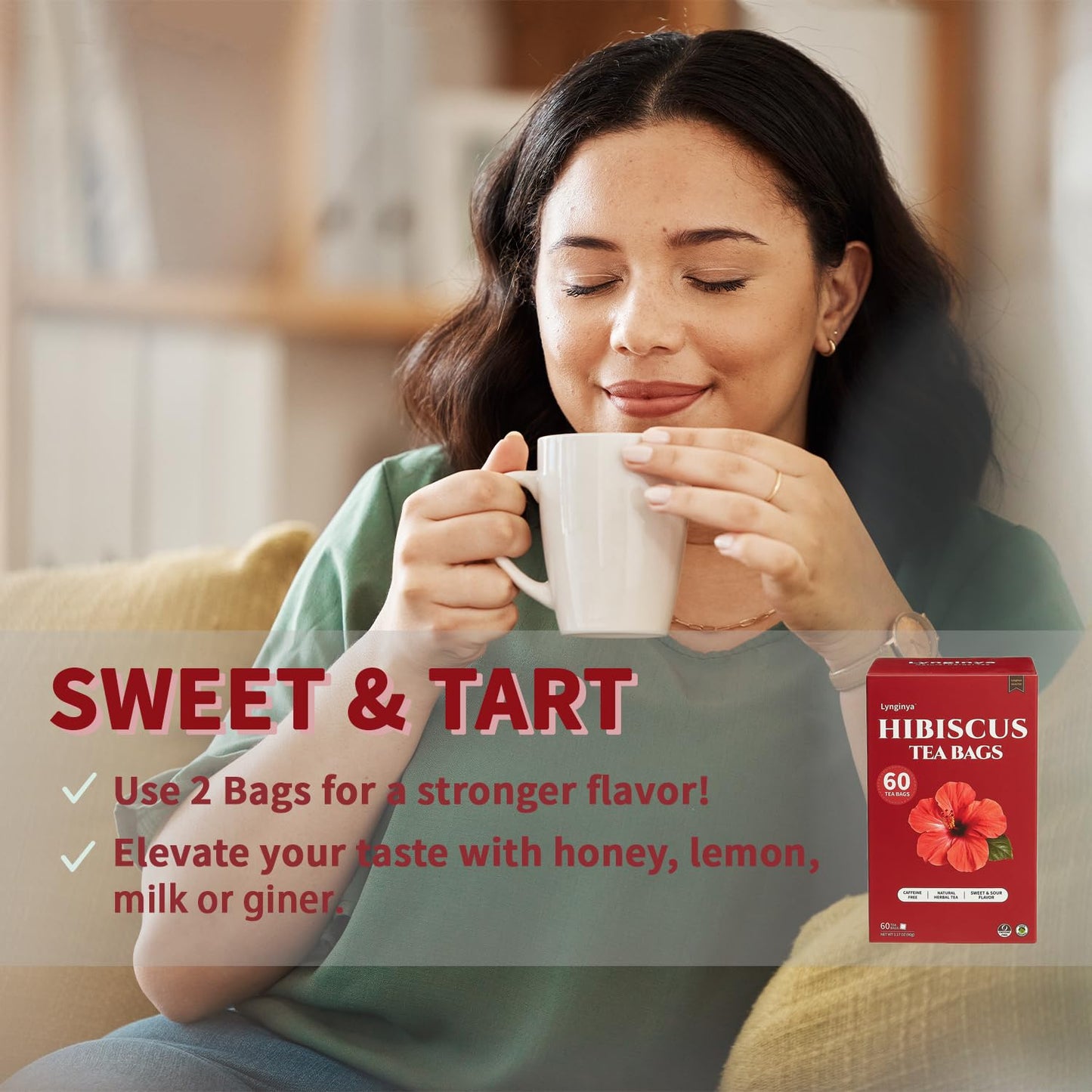 Lynginya Hibiscus Tea Bags, 60 Tea Bags (Pack of 2) - Premium Hibiscus Flower - Natural Herbal Tea - Sweet & Tart - No Sugar & No Caffeine - Total 120 Bags