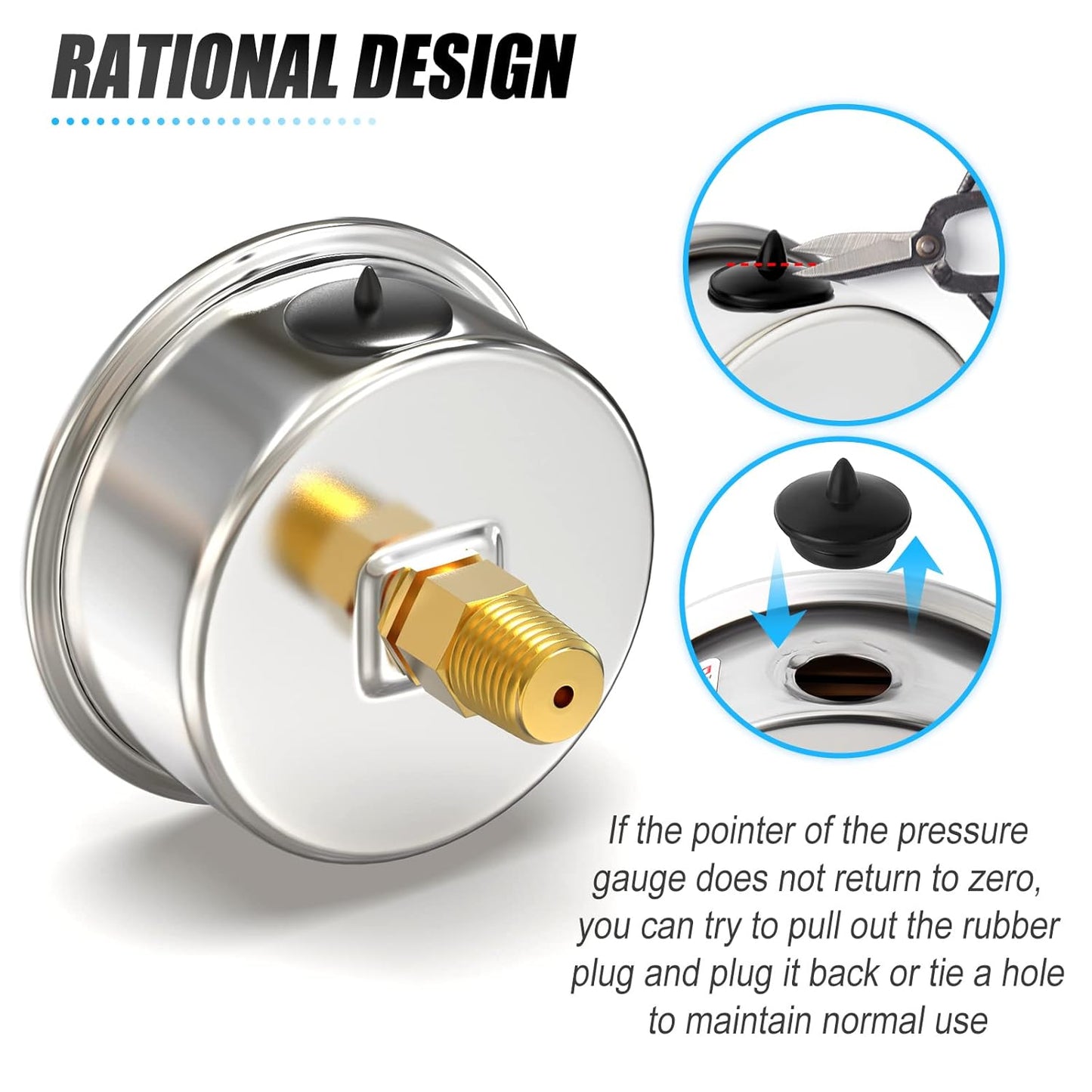 MEANLIN MEASURE 0~30Psi Stainless Steel 1/4" NPT 2.5" Single Scale FACE DIAL, Glycerin Filled Pressure Gauge, WOG Water Oil Air, Back Mount, with 1/2" NPT and 3/8" NPT Hex Bushing
