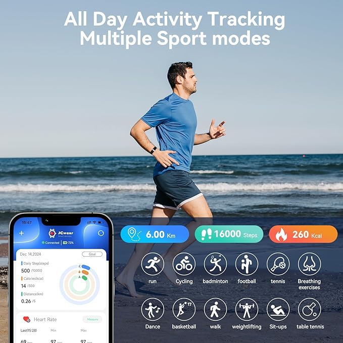 Smart Health Wristband, Health Fitness Tracker Screenless, Wearable Health Multiple Sports Mode, Automatic Monitoring with Pedometer/Sleep/Stress/Calories, IP68 Waterproof Free APP for Women Men Black