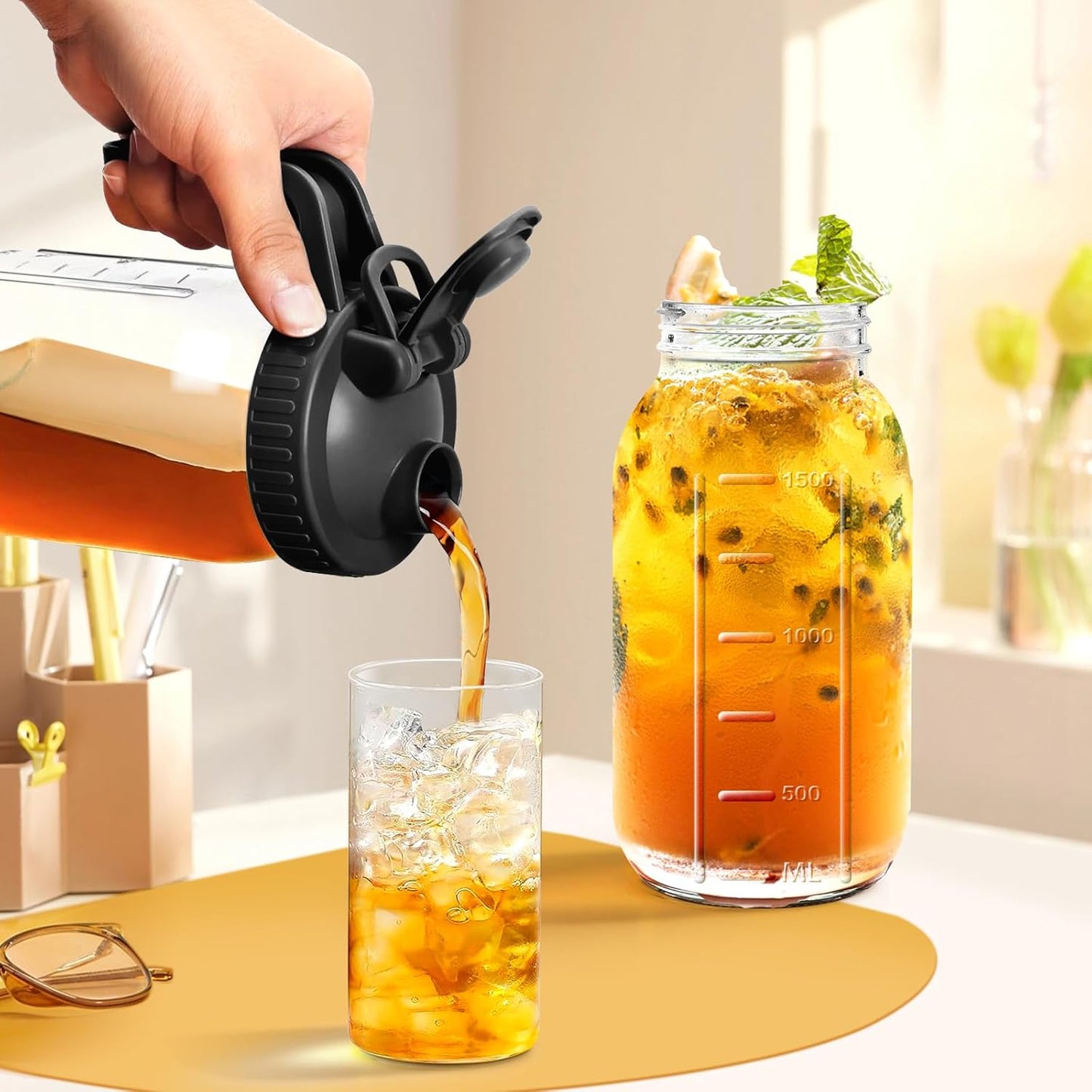 Mason Jar Pitcher, 64 OZ Glass Pitcher with Lid Double Leak-proof with Handle Water Jug Wide Mouth Breast Milk Pitcher Fridge Container for Water, Juice, Iced Coffee, Tea, Juice (Black)