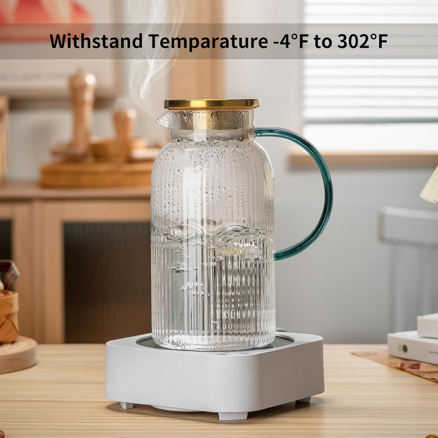 2 PACK Glass Pitcher with Lid,68 oz/ 2 Liter Vertical Stripes Water Pitcher With Green Handle,Glass Water Carafe for Cold Brew,Coffee, Lemonade, Iced Sun Tea,Beverage,Milk Heat Resistant