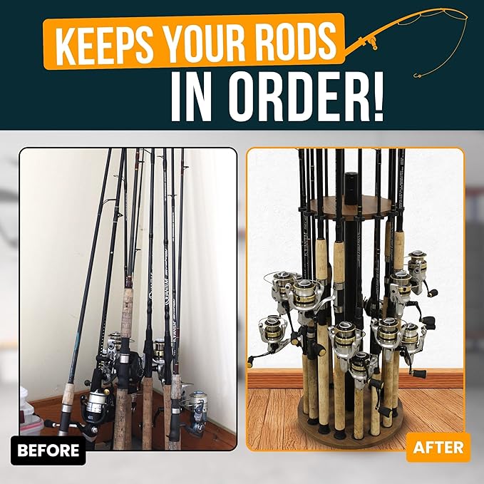 Rush Creek Creations | Round Rod Holder for 16 Freshwater Poles, Gear, and Accessories | Fishing Rack With 16 Rod Clips for Garage Organization
